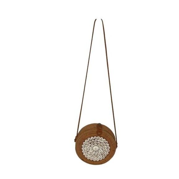 Jelavu Womens Rattan Floral Shells Round Crossbody Handbag Brown White OS - Picture 3 of 11